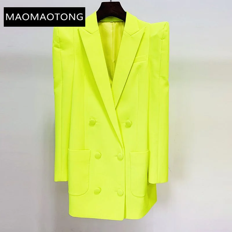 Blazer Pantsuits Sets Fluorescent Bright Yellow Shrug Jacket New Design Double Breasted Button Office Trousers Two Piece Suit images - 3