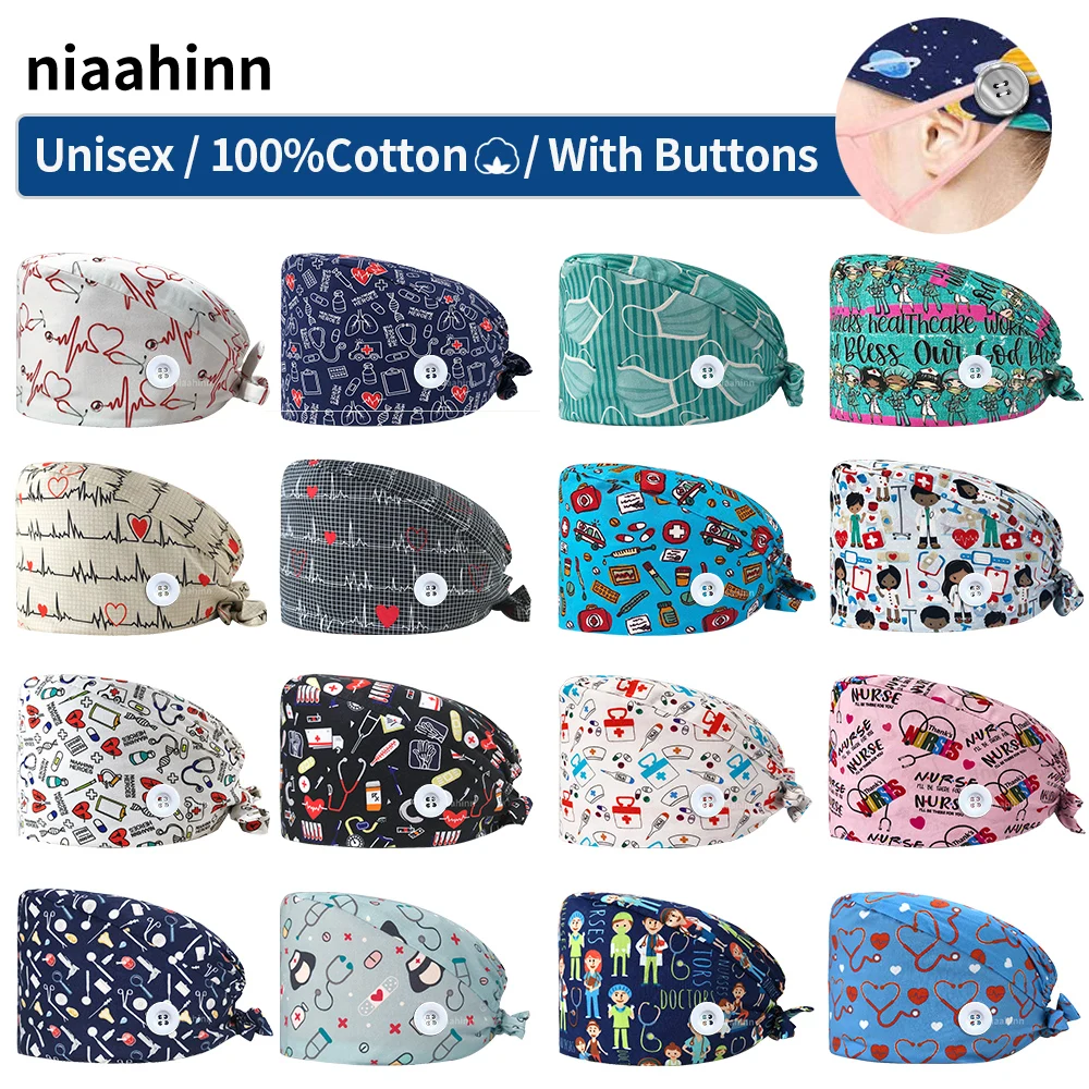 

Health Workers Printing Scrubs Caps Adjustable Hospital Medical Surgical Hats Nurse Accessories Dentist Work Hats Pet Doctor Cap