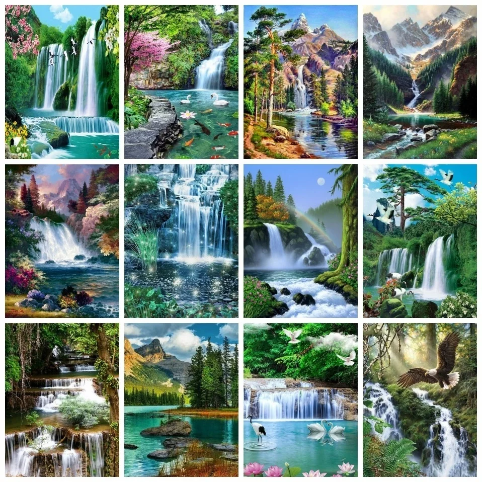 

AZQSD Diamond Painting Waterfall Swan Handmade Needlework Home Decor Diamond Scenery Mosaic Cross Stitch Rhinestones Full Kits