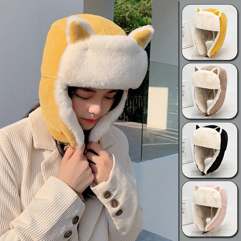 

Women Warm Earmuffs Thicken Ear-flapped Hat Winter Cashmere Plush Cotton Hat Cat Ears Cap 2023 Winter Russian Bomber Hat Fashion