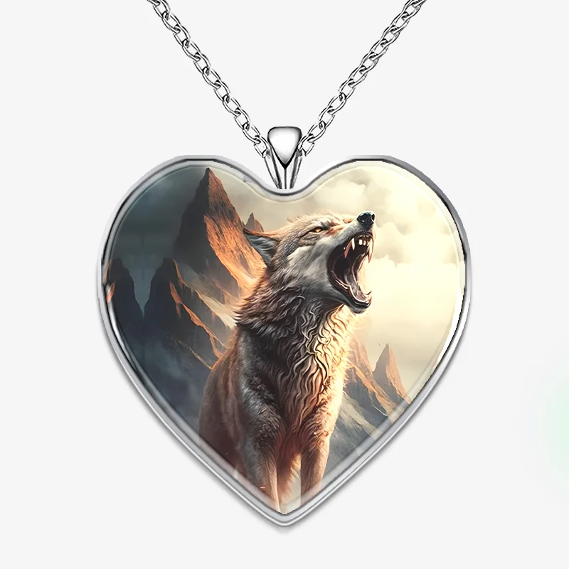 

Punk Hip Hop Style Animal Wolf Head Accessories Roaring Wolf Head Colorful Heart Print Pendant Necklace