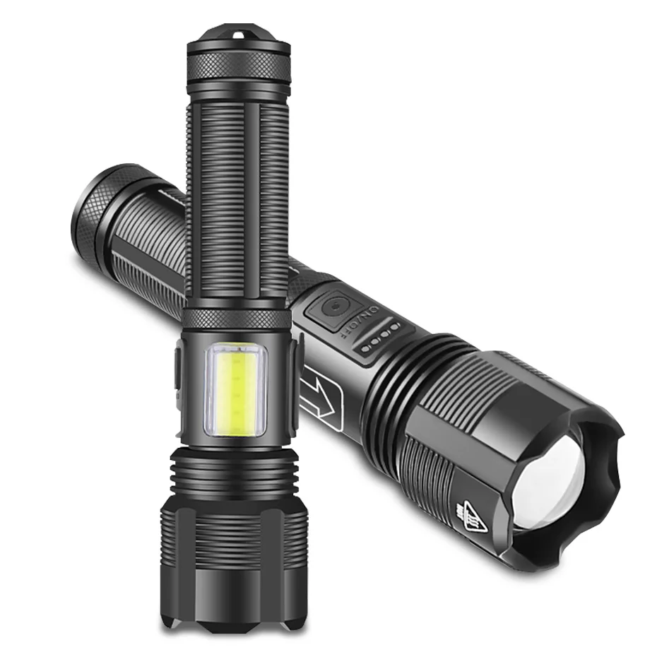 

XHP50 LED Flashlight 6 Modes Rechargeable Telescopic Zoom Portable Tactical Torch 18650 Upgrade with COB Side Lights Flashlight