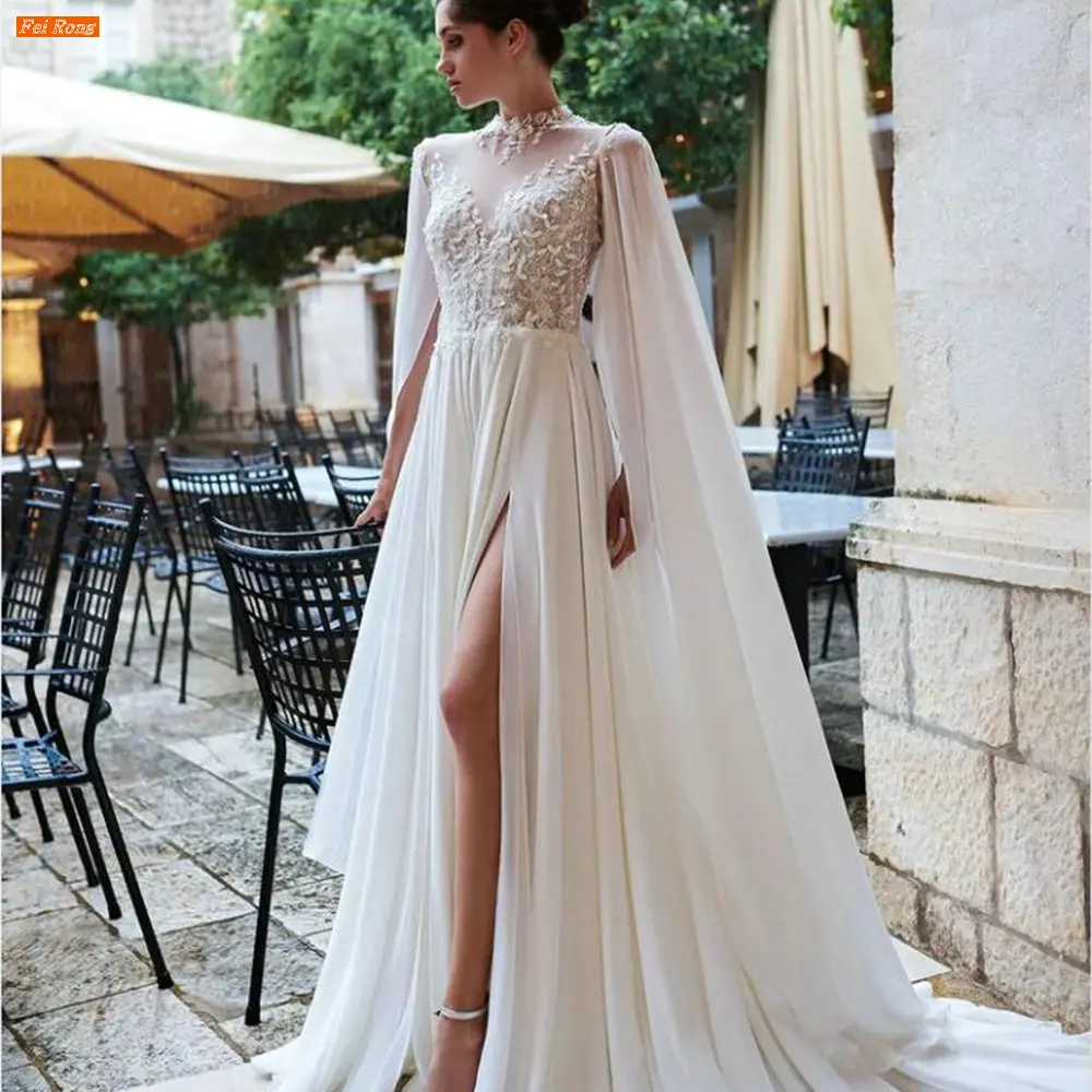 

Elegant High Neck Cape Sleeves Wedding Dress Lace Vestidos De Novia Side Slit A Line Bridal Gown Custom Made свадебное платье