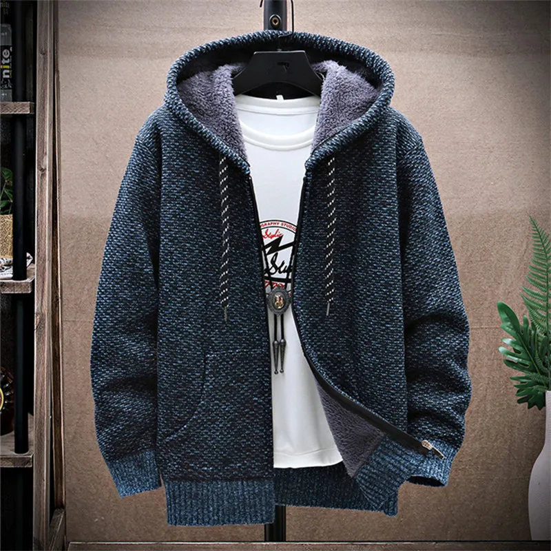 

Warm Men Cardigan Hooded Coat Solid Thick Fleece Kintted Winter Sweatercoat Mens Knitting Sweater Male Clothing Casual Jacket