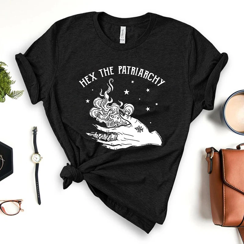

Hex The Patriarchy Women T Shirt Skull Finger Funny Printed Tshirts Witch Gothic Clothes Wicca Saying Spooky 90s Cool T-shirt