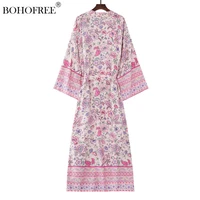 bohemian open stitch long pink kimono robes dress botanicl floral print rayon cotton hippie vestidos femme maxi dresses women