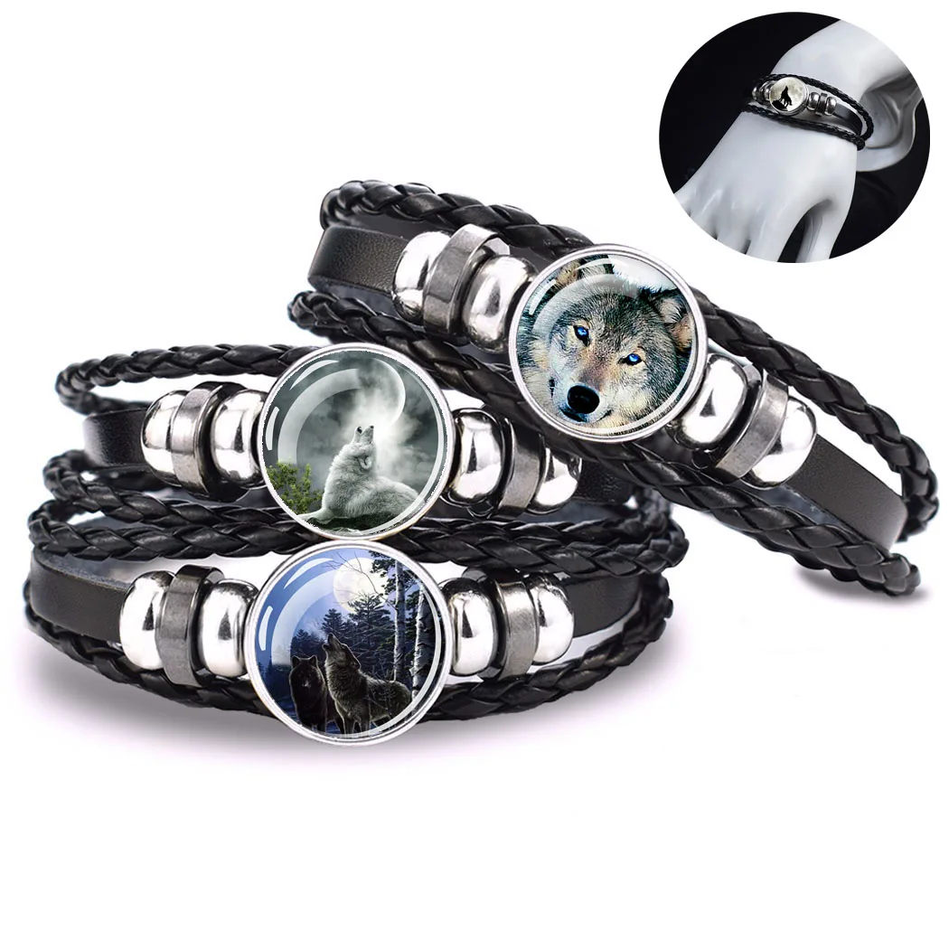 

White Wolf Multi-Layered Braided Bracelet Handmade Wolf Art Picture Glass Dome Black Leather Men Bracelets Jewelry Gift