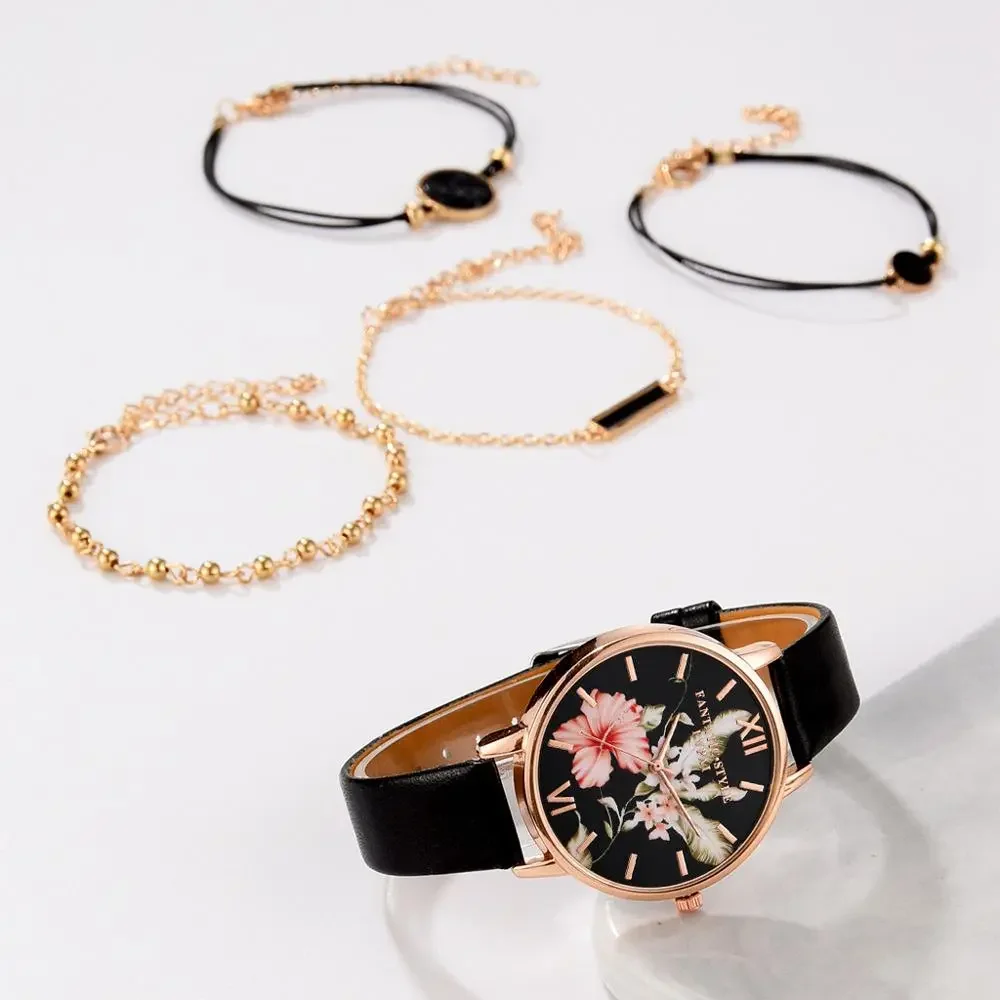 5pcs set Women Watches Bracelet Black Ladies Bracelet Watch Casual Leather Quartz Wristwatch Clock Relogio Feminino