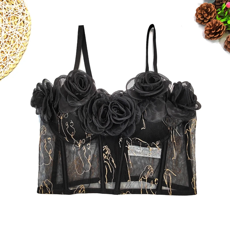 

Sexy 3D Flower Lace Tanks Bralet Tube Top Cropped Top Push Up Tube Bra Boho Stage Performance Costume Corselets Sling Lingerie