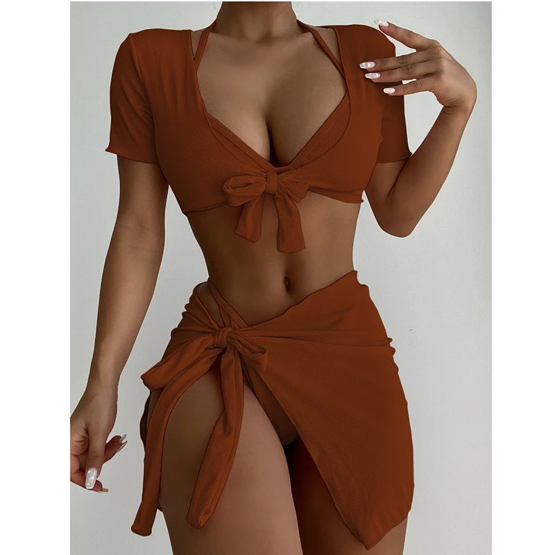 

Women's 4 Piece Rib Knit Triangle Halter Swimsuit Knot Front Bikini Set Cute Bathing Suit with Cover Up Set