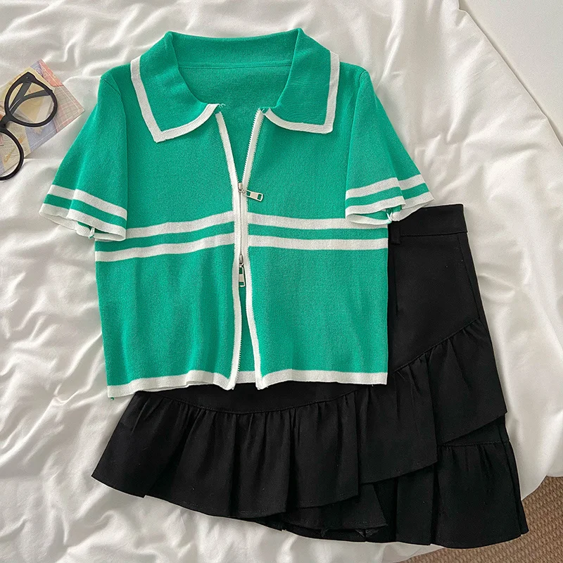

French Chic Zipper Top High Waist Black Irregular Midi Skirt Summer Ins Fashion Green Blue Black Tops Matching Clothes