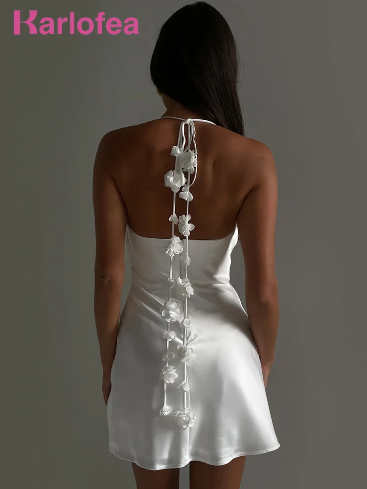 

Karlofea атласное мини-платье с открытой спиной и цветочной лямкой на шее, женские Клубные ночные наряды, белое женское Короткое сексуальное платье