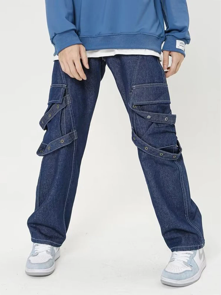 Retro Blue Cargo Wide Jeans for Men Fashionable Zipper Pockets Streamer Streetwear Casual Wide Leg Denim Overalls Hip Hop Denim