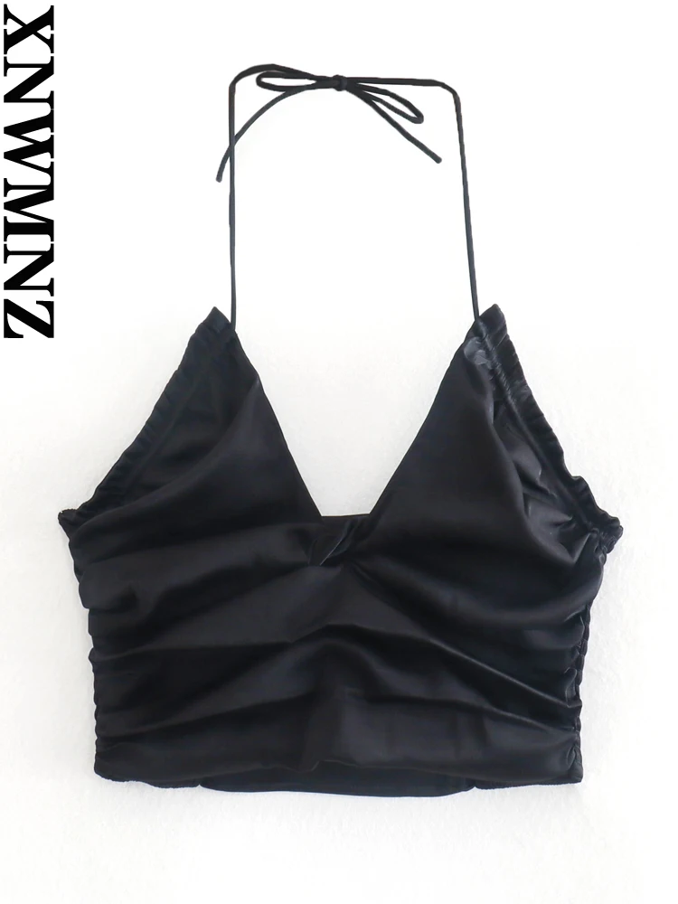

XNWMNZ 2022 women fashion black pleated halterneck vest female holiday style back pleated chic top