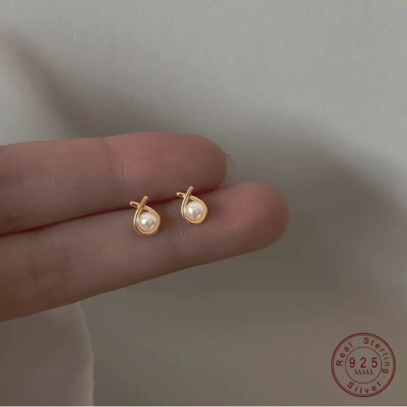 

925 Sterling Silver Line Water Droplets Pearl Stud Earrings for Women Korean Fashion Jewelry Accessories