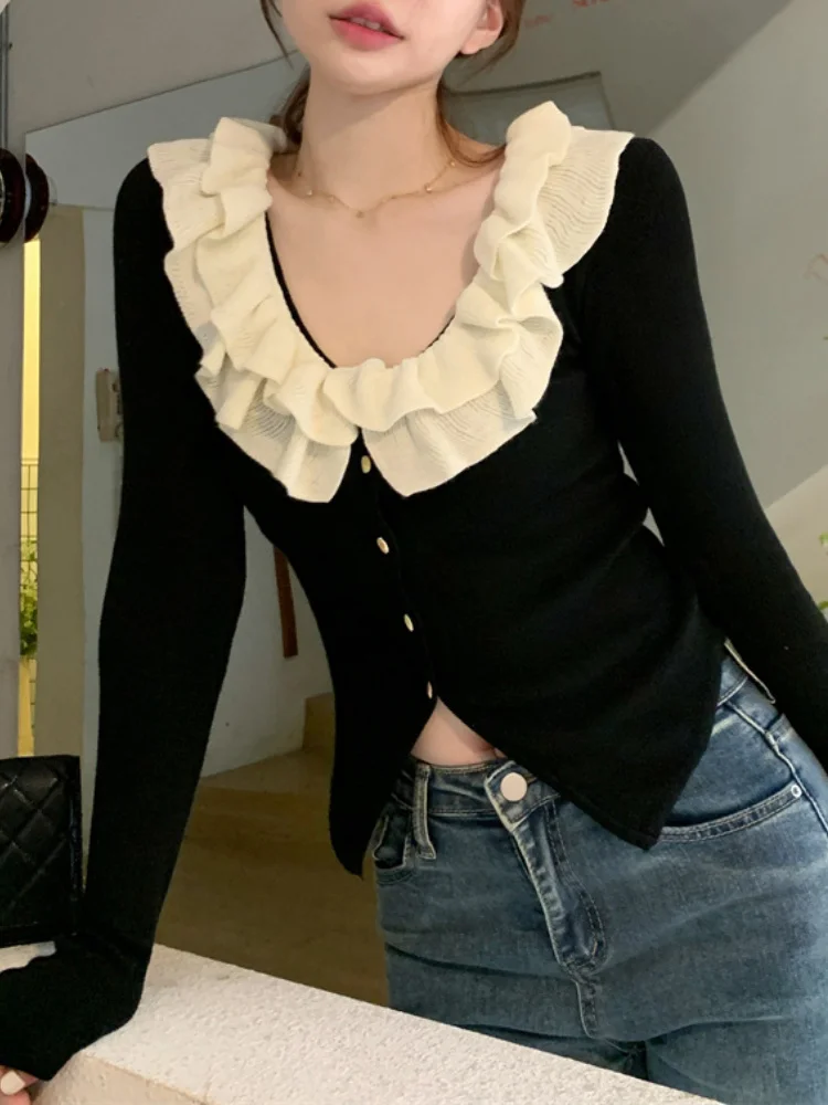 

Winter French Elegant Sweater Coat Women Patchwork Korean Fashion Knitted Sweater Female Long Sleeve Slim Sweater 2022 New
