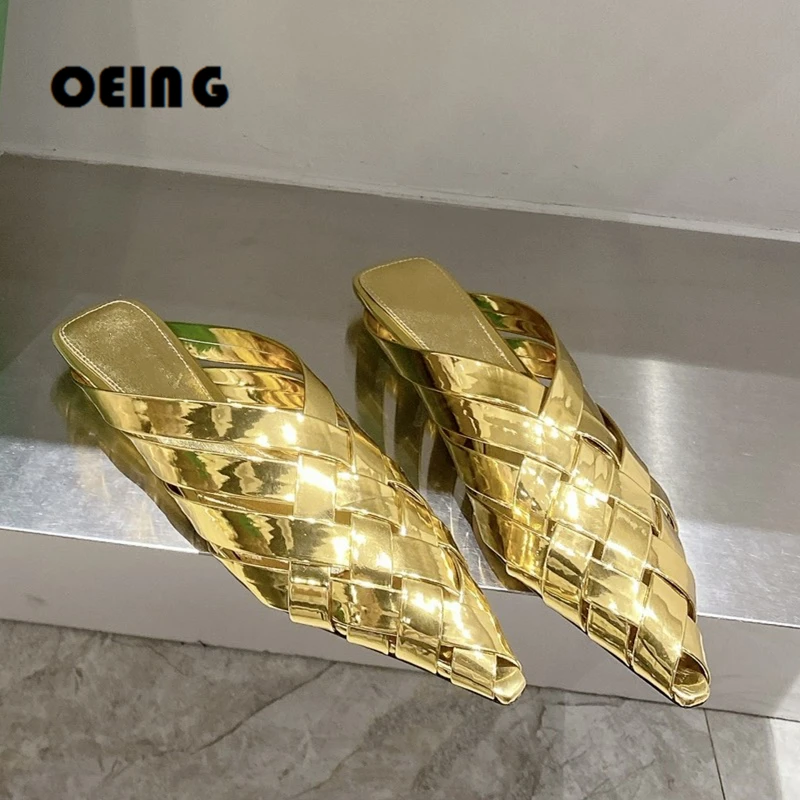 

Мюли Женские Кожаные плетеные, заостренный носок, плоская подошва, без застежки, модельные дизайнерские тапочки, лето 2023