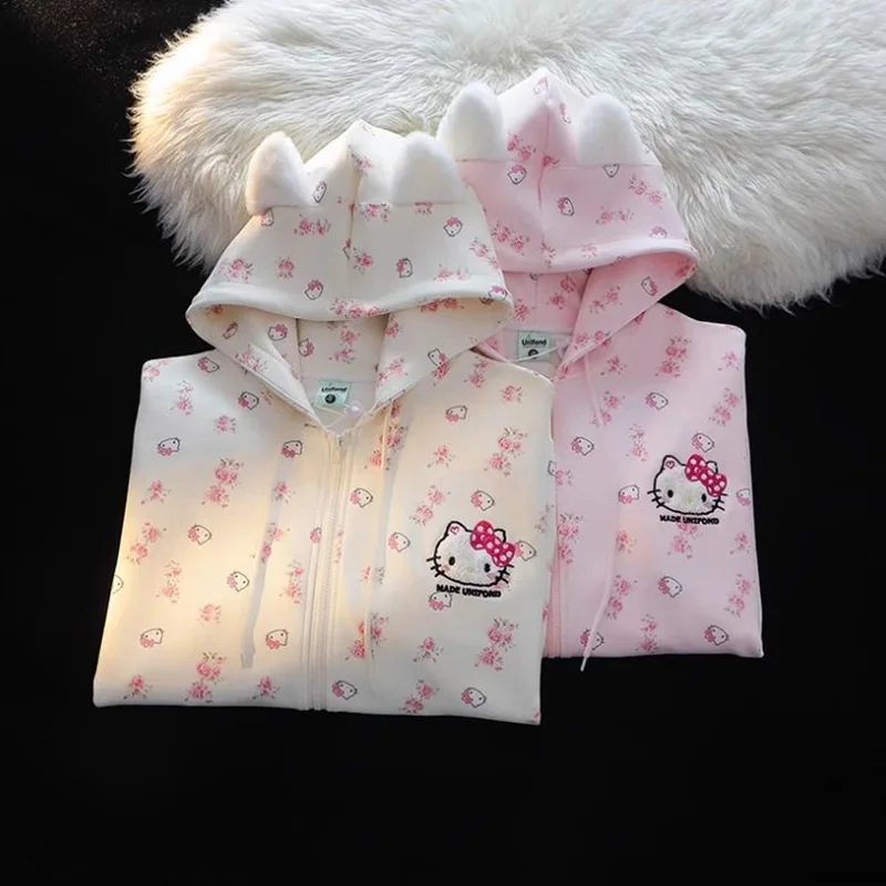 Милая толстовка с капюшоном Hello Kitty Yk2 Kawaii Anime KT принтом свободная винтажная милая