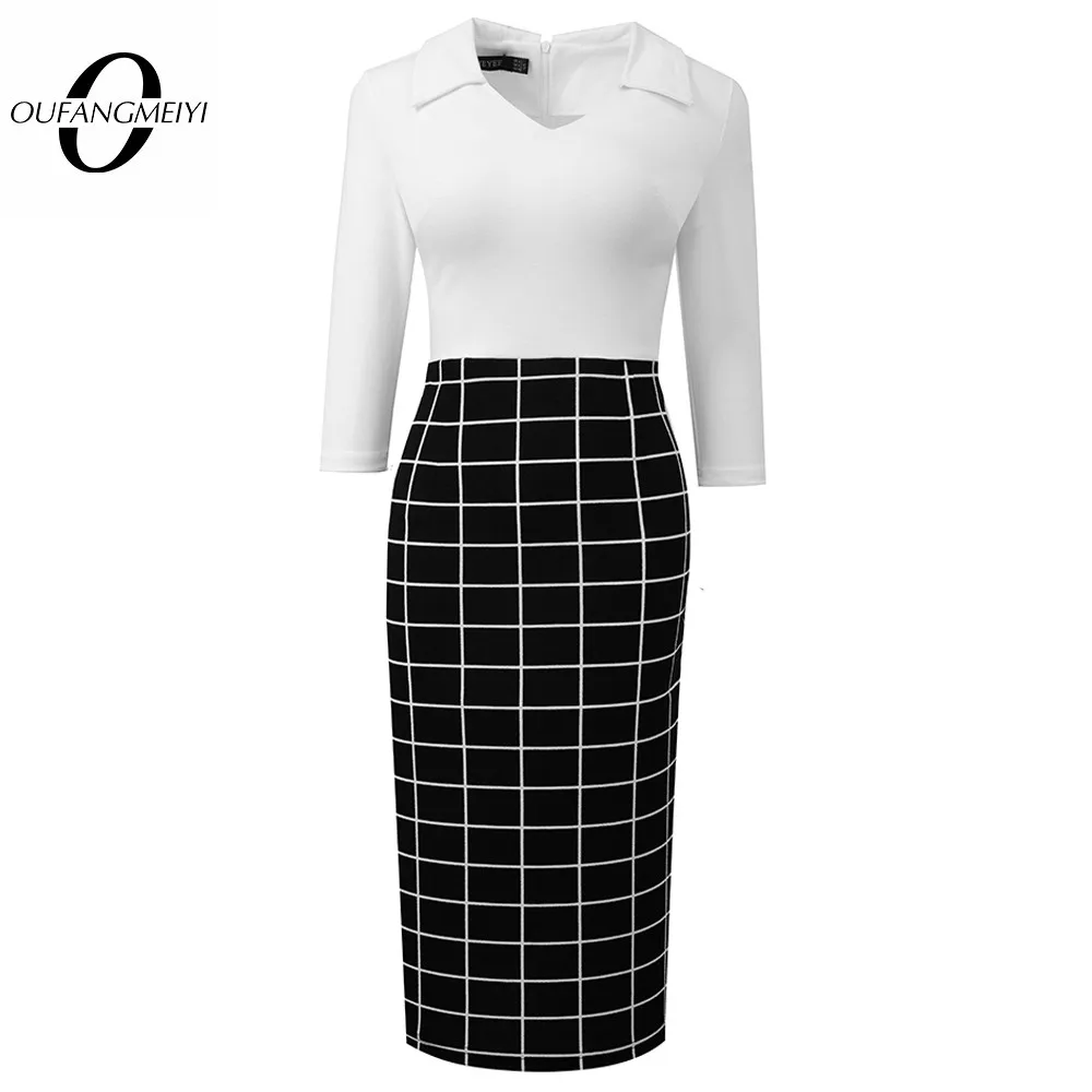 

Осенние женские модные Лоскутные Платья с цветными блоками, официальное деловое элегантное платье-футляр EB799