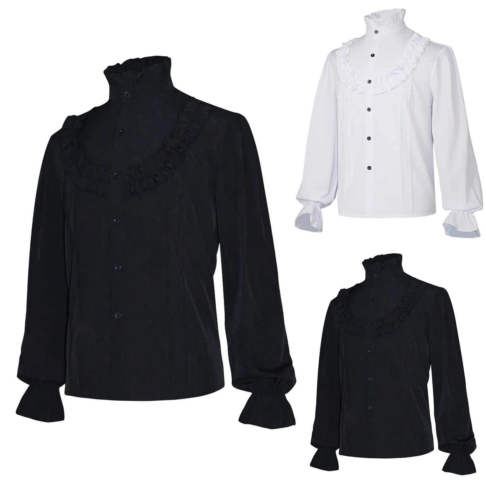 

Mens Halloween Medieval Olid Color Ruffled Button Down Shirt Breathable Flower