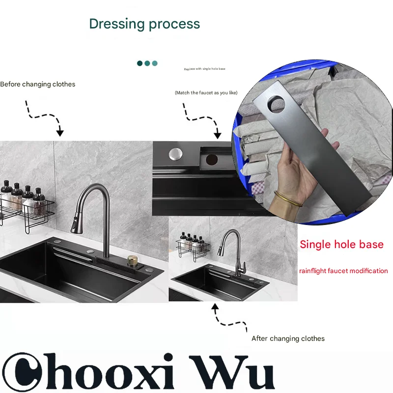 

CHOOXIWU - Раковина с водопадом, кухонный смеситель, смеситель для горячей и холодной воды, смеситель для мытья овощей, раковина с несколькими выходами воды, вращение, летающий дождевик