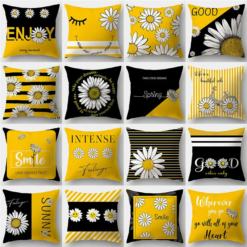 

Modern Yellow Daisy Flower Cushion Cover Creative Letter Print Pillow Case Custom Polyester 45x45cm Pillowcase Home Decor