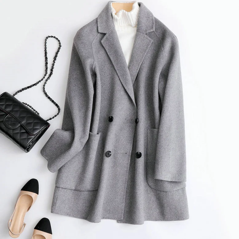 

2022 Autumn Women Midi Length Coat Turn Down Collar Drouble Button Design 100% Wool Women Gray Black Woolen Coat Casaco Feminino