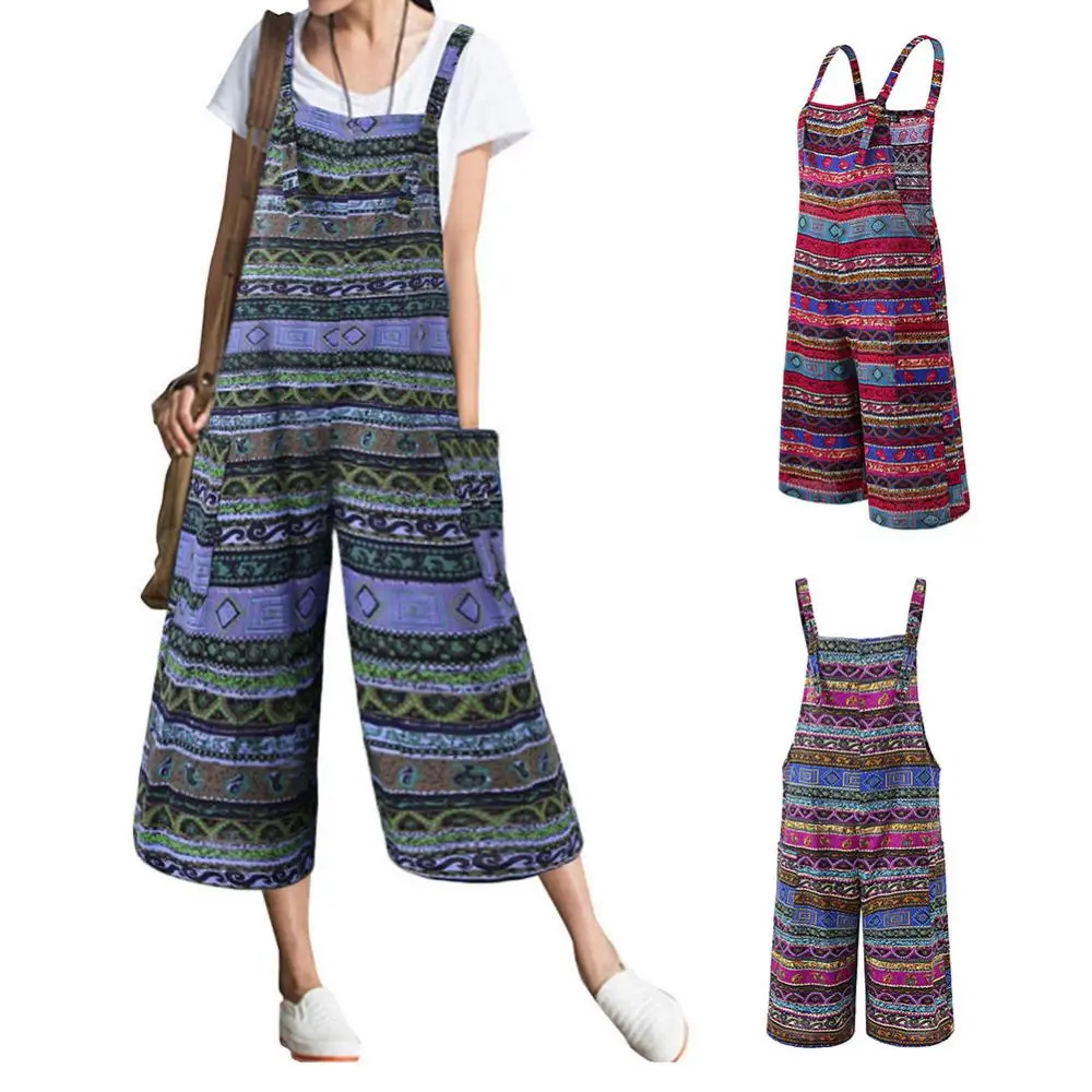 

Women Retro Sleeveless Printed Pockets Bib Overall Jumpsuit Wide Leg Capri Pants