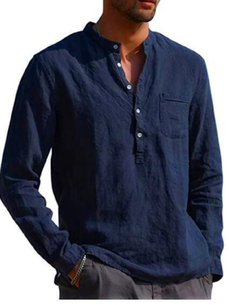 

2021 Amazon Hot selling Men's long sleeve V-neck leisure beach linen shirt for men