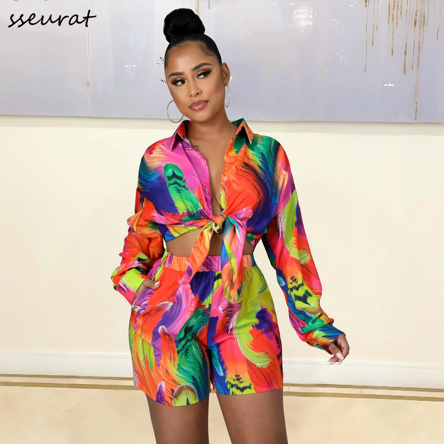 

Elegant Tie Dye Women 2pcs Set Long Sleeve Shirt Shorts Set Tracksuit Two Piece Set Fitness Outfit