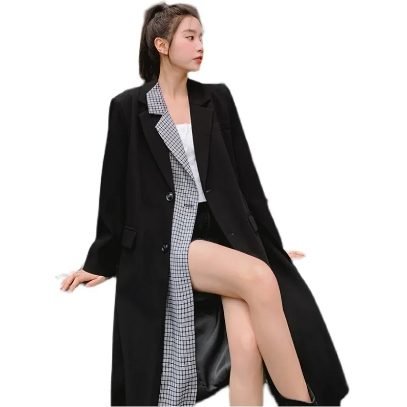 SuperAen 2024 модный однобортный длинный ветровка в клетку Корейском стиле