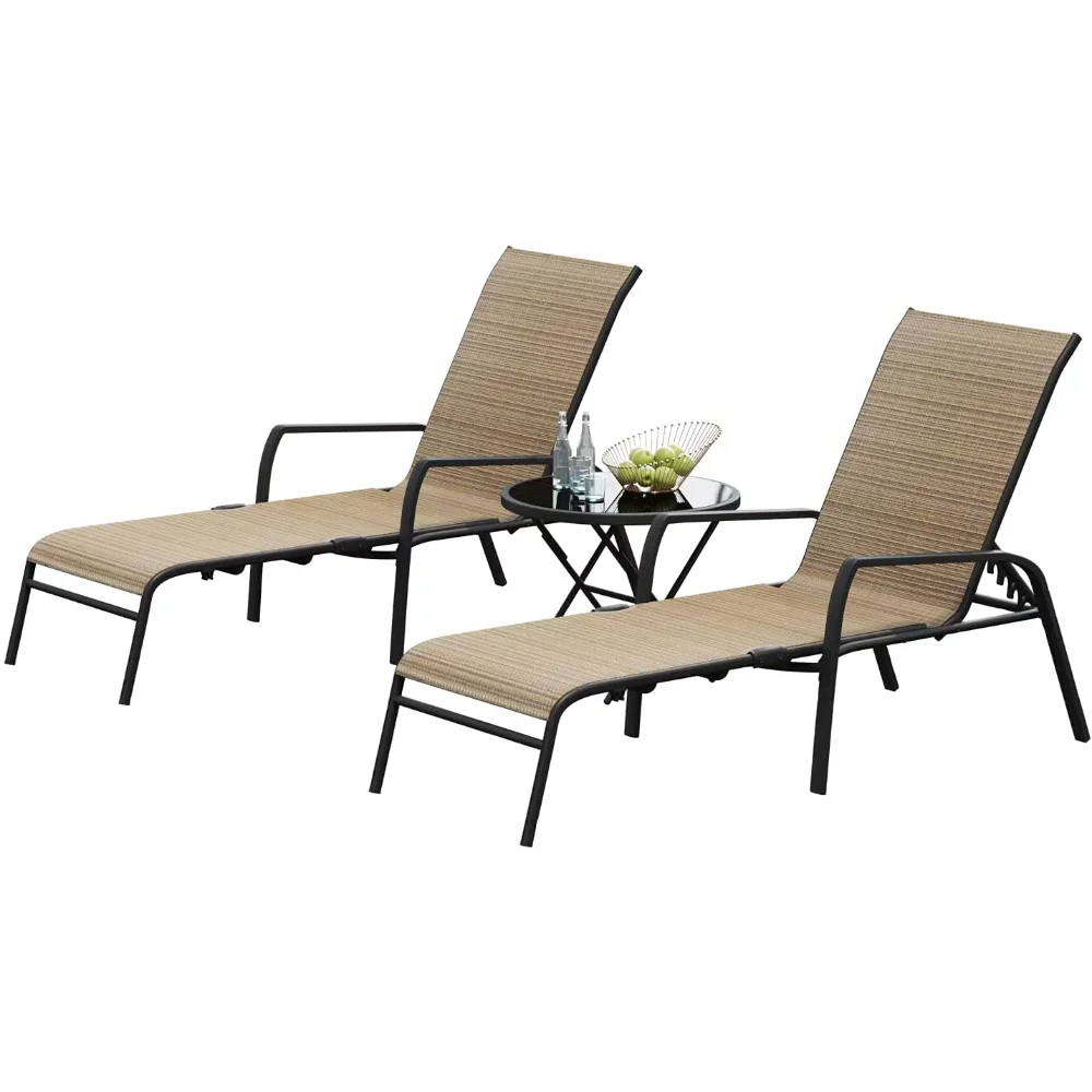 

Lacoo Patio Lounge Chaise Chair Set of 3 Recline Adjustable Backrest Textlene Outdoor Furniture Bistro Set with Table, Beige