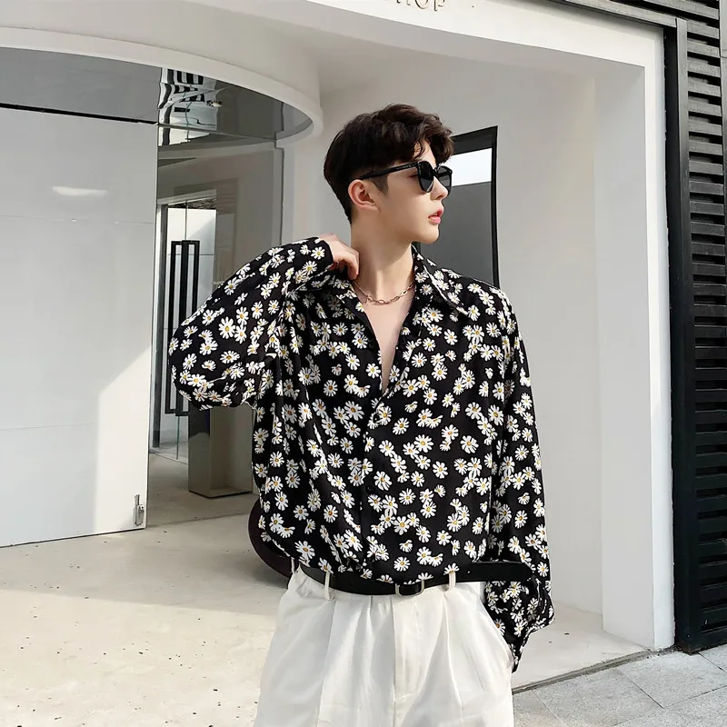

Daisy Printed Korean Style Shirt for Men Spring Long Sleeve Aloha Fashion Shirts Mens Holiday Vacation Clothing Chemise B119