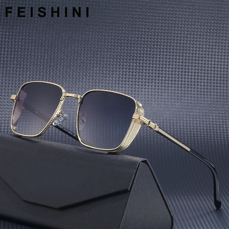 

FEISHINI Celebrity High Quality Sunglasses Men Brand Design Retro Frame Gradient Lens Fashion Metal Sunglass Punk Shield