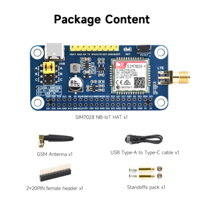 SIM7028 NB-IoT HAT для Raspberry Pi поддерживает глобальную сеть связи небольшого размера и