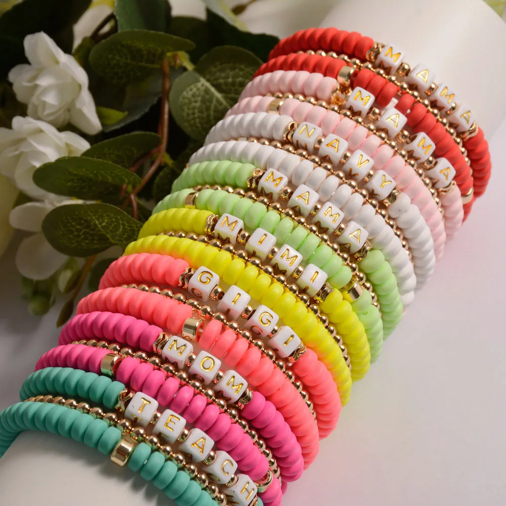 

3pc/set Personalized Chunky Heishi Polymer Clay Stacking Beaded MAMA Wristband Bracelets Bangle Set Charm Gift For Her Jewelry