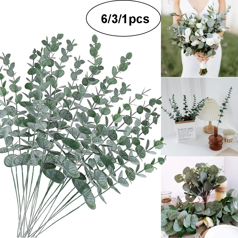 

6/3/1Pcs Artificial Eucalyptus Stems Leaf Faux Eucalyptus Branche Wall Hanging Decor Plants Gray White Money Leaf Wedding Decor
