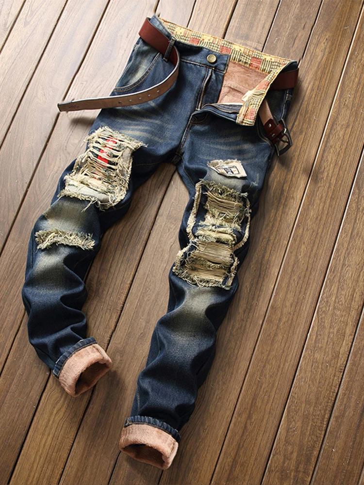 Men Fall Fleece Thick Jeans Slim-Fit Micro-Bounce Hip Hop Fashion Cat-Beard Straight Leg Denim Pants PROM Party Youth Men's Wear