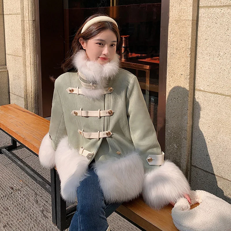 

RosEvans New Natural Fox Fur Short Down Jacket Women Stand Collar Single Breasted Long Sleeve Warm Down Lining Jacket Fit Winter