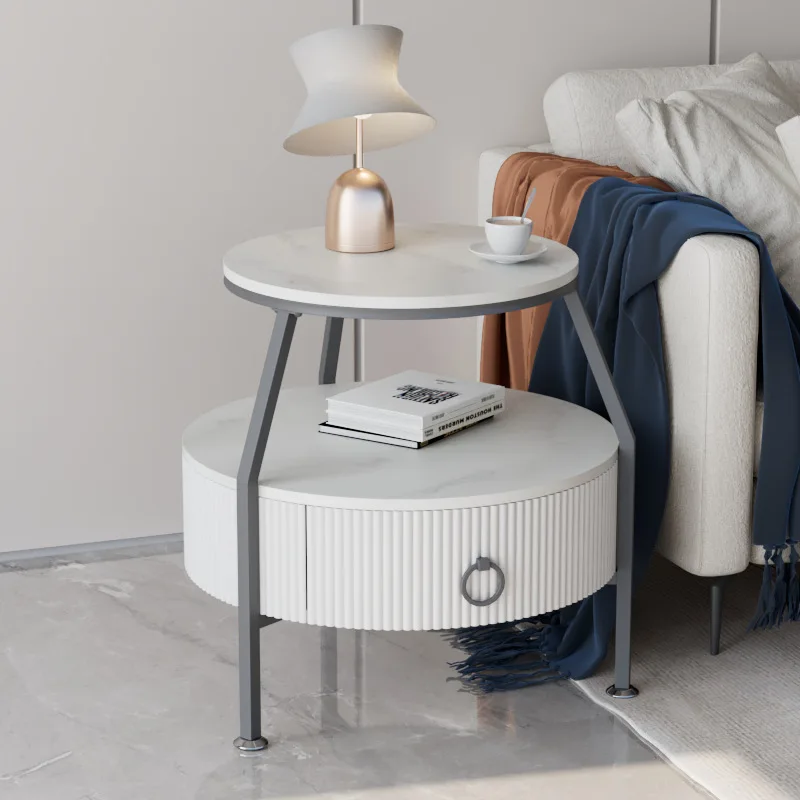 

Light Luxury Minimalist round Stone Plate Drawer Coffee Table Living Room Sofa Side Cabinet Side Cabinet Side Cabinet Side Table