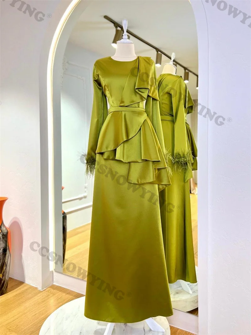 

Cuff Inlaid With Feathers Muslim Evening Dresses Long Sleeve slamic Formal Party Gowns Round Neck Women Arabic Robes De Soirée