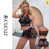 womens rhinestones glitter underwear set sexy beauty halter lace mesh bra and panty sets hollow embroidery lingerie intimates