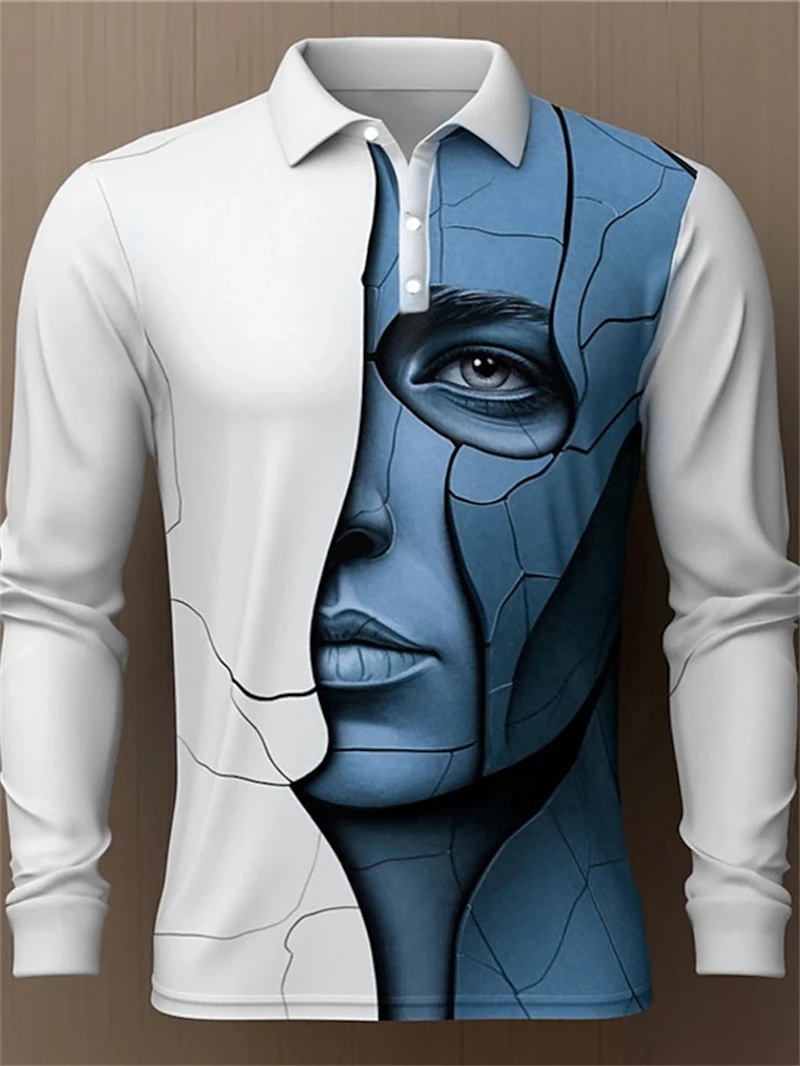 New Men Long Sleeve Polo Shirts Fall Casual 3d Print Face Graphic Art Clothing Men's Fashion Street Hip Pop T-Shirt Lapel Tops