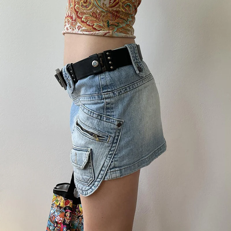 

American style distressed denim skirt new spice girls low waist short skirt irregular zipper stitched Hip Wrap Skirt2023