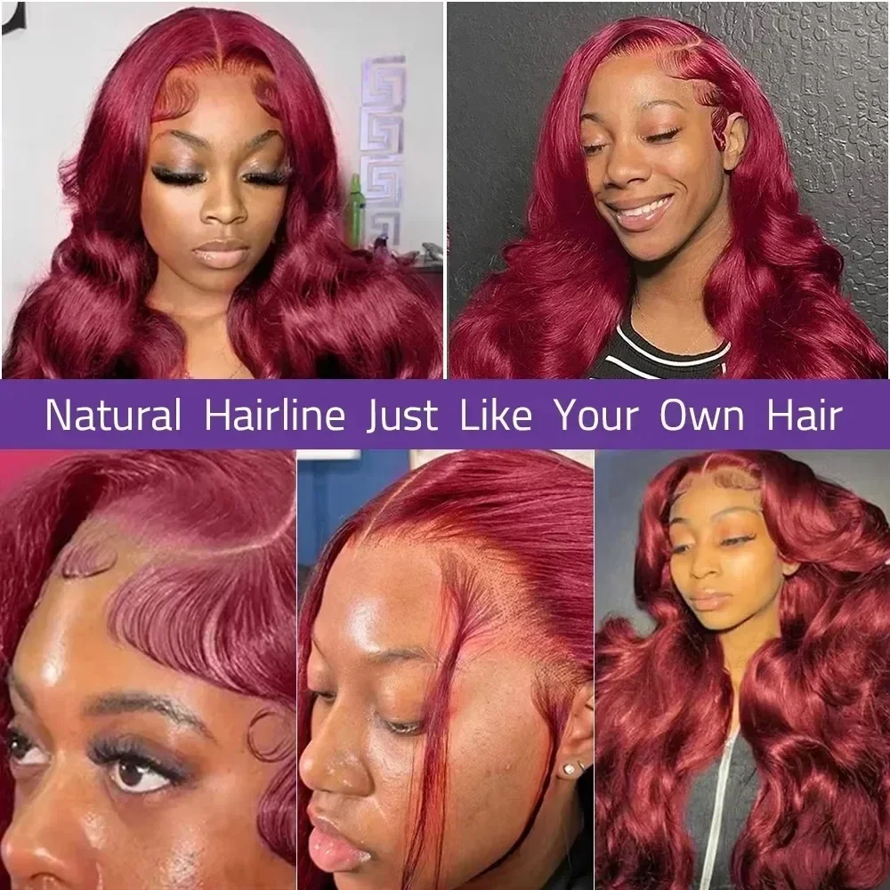 99J Бордовый парик из натуральных волос на кружеве объемная волна красные цветные