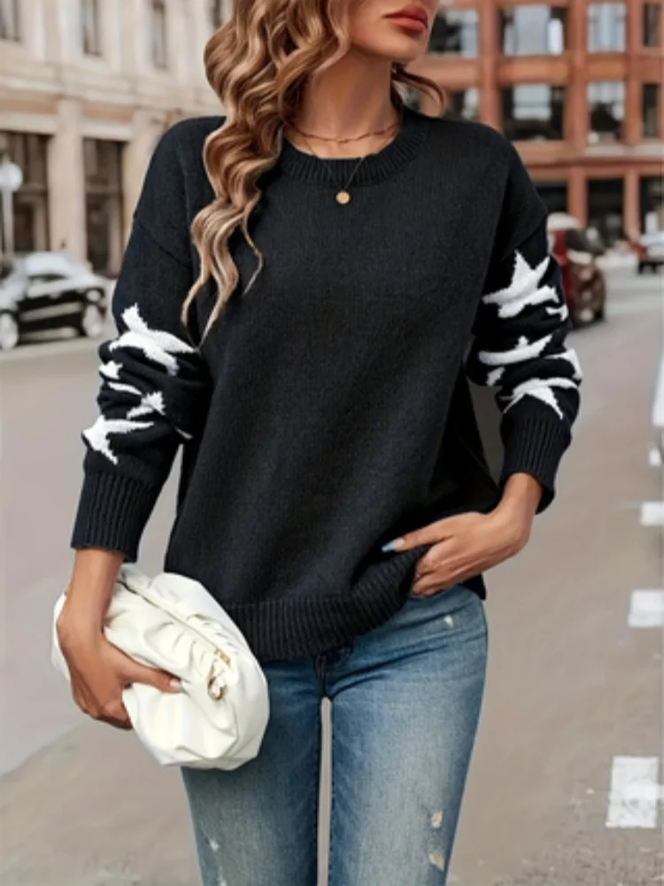 Женский Свитер С Длинными Рукавами Черный Пуловер Круглым Вырезом И Принтом