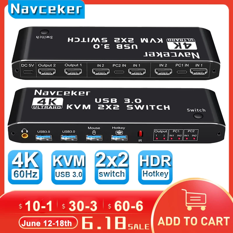 Квм-переключатель Navceker, совместимый с HDMI, 4K, 60 Гц, 2 порта, двойной монитор, USB 3,0, квм-переключатель 1080P, USB квм-переключатель, HDMI с USB, порт 3,0