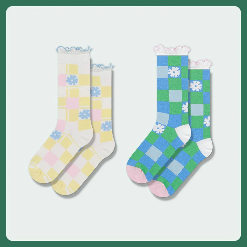 

3 pairs into socks female forest and flower series in tube wood ear edge combed cotton socks sen female wind