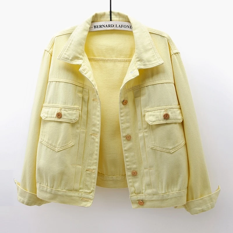 

Fashion Yellow Denim Jacket Coat Women Loose Short Student Cowboy Outerwear Spring Big Pocket Long Sleeve Jeans Jackets Female