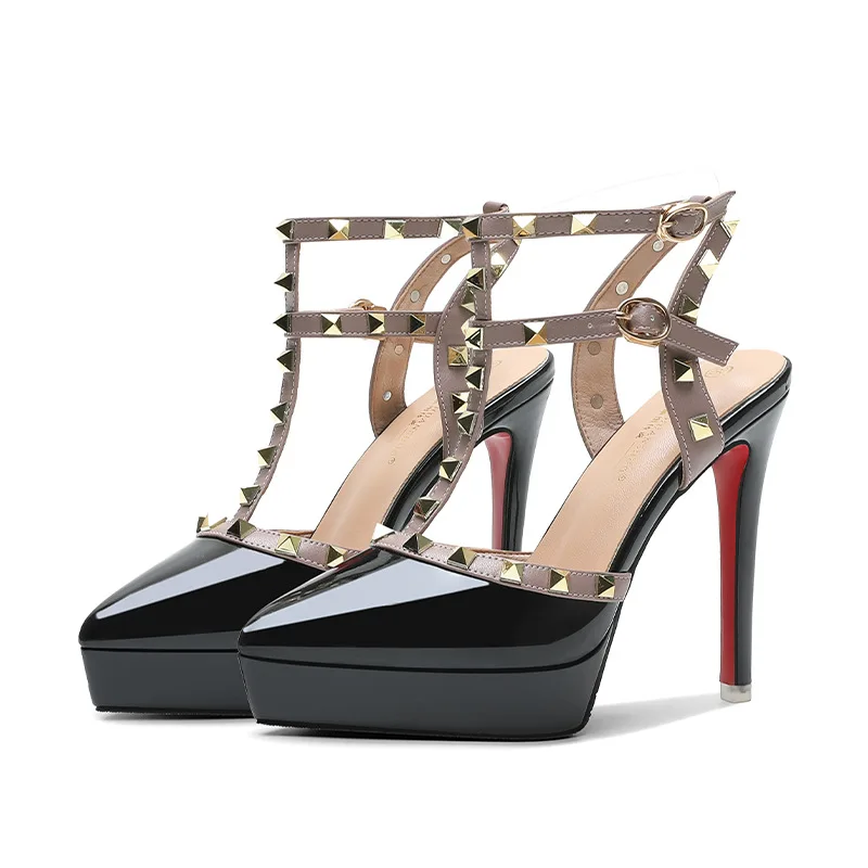 2022 Summer Black 12cm High Heels Sandals Women Classic Sexy Pumps Ladies Rivet Platform Red Valentine Party Strap Quality Shoes